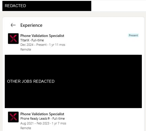 Redacted LinkedIn profile: Phone Validation Specialist at TitanX and earlier at Phone Ready Leads, both with the TitanX logo