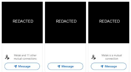 Redacted TitanX People page cards showing mutual connections with Melak